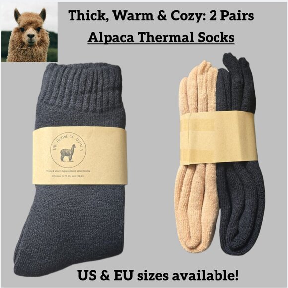 Xtra Thick Alpaca Wool Winter Crew Socks Adult Unisex Women & Men 2 Pairs/Pack - Picture 1 of 2